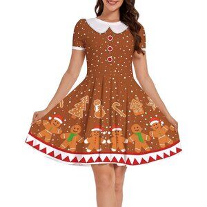 Women Ugly Christmas Santa Dress Cute Gingerbread Holiday Print Dress for Xmas